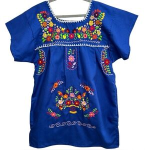 Embroidered Mexican Dress Child’s Size 4 Royal Blue with Bright Florals